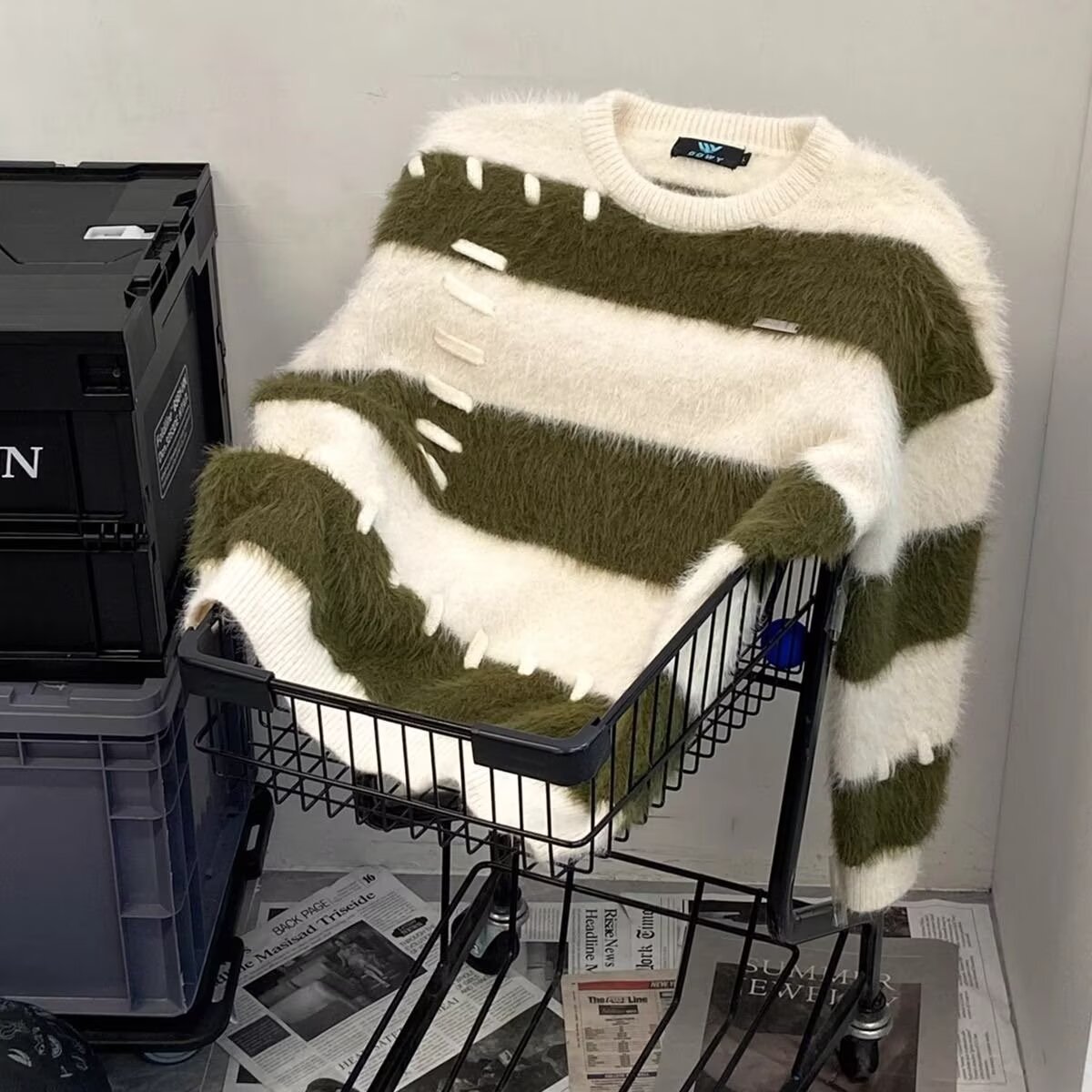 撞色条纹圆领毛衣男款秋冬款保暖青少年情侣装针织衫慵懒风线衣潮