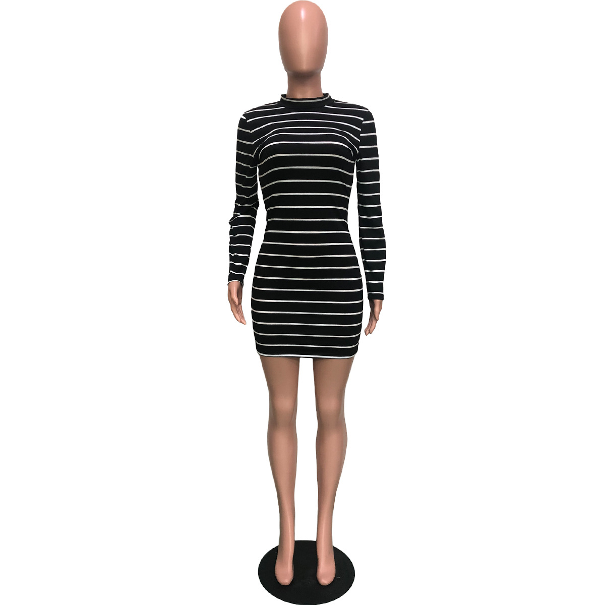 Women Clothing Striped Long Sleeve Short Dress