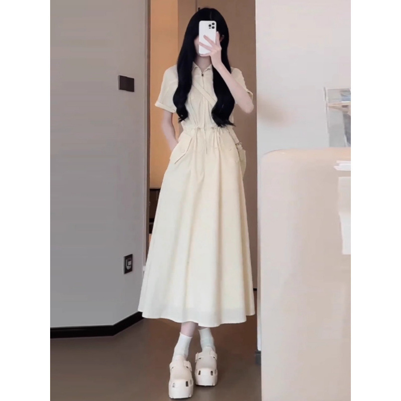 大码韩系抽绳收腰连衣裙女夏季微胖mm显瘦polo领工装