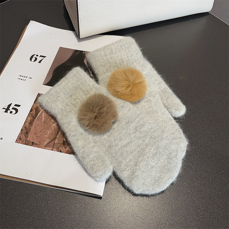 Gants en laine à cinq doigts pour femmes en laine à boules de poils, nouveaux modèles d'automne et d'hiver en cachemire à écran tactile, empilés et épaissis_voghion.com