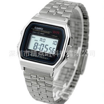 Цифровые часы из акрила (Casio A158WA-1DF) — нержавеющая сталь, LED-дисплей, квадрат 33×33 мм