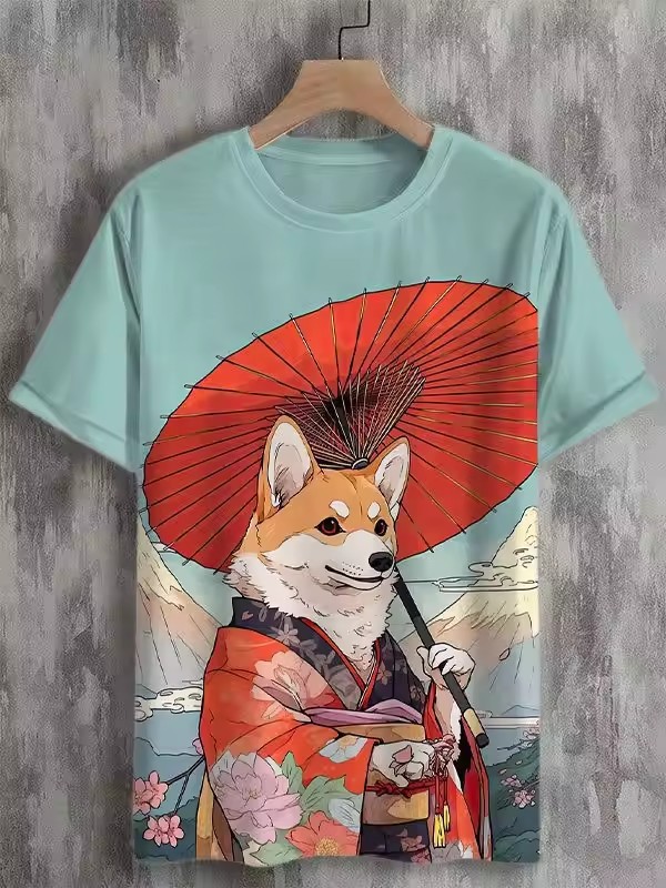 Tinta Jianghu Cat Dog Hero 3D Impresión digital Spot Moda callejera para hombres Camiseta de manga corta con cuello redondo y hombro