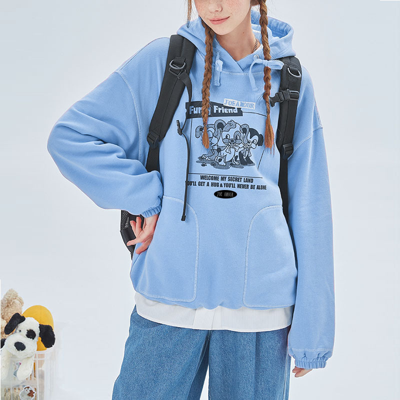 Hooded Sweater Ladies Autumn and winter pure cotton Playful printing Terry letter Korean Edition jacket Mid length version wathet