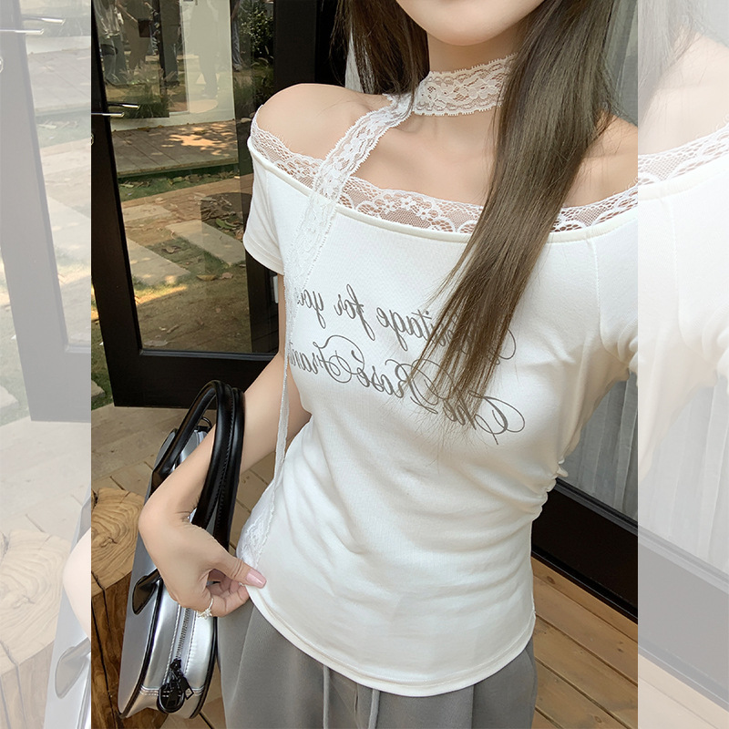 1*1 Modal Sweet and Spicy Style Spliced ​​Lace One-Shoulder T-Shirt Women's Summer Letter Printed Short-Sleeved Easiest for Match Top