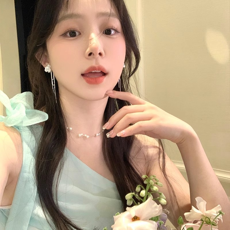 超仙甜美蓝色锆石山茶花流苏耳环女高级感气质耳钉无耳洞耳夹耳饰|undefined