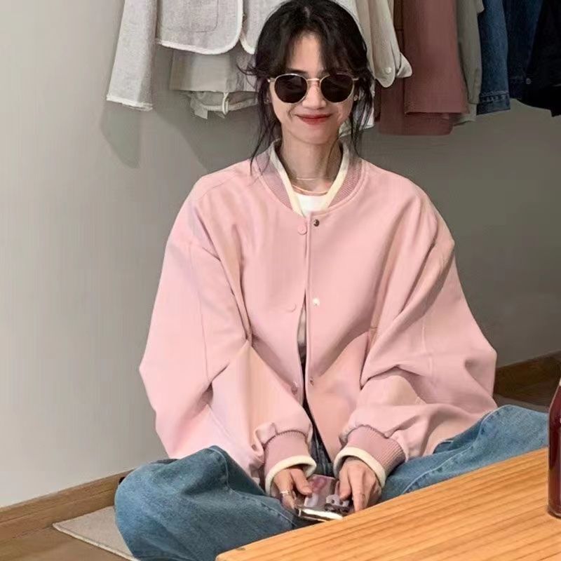 Korean-Style Pink Baseball Jacket for Women, Thin Spring New Style, High-End Feel, Loose Casual Design, Versatile Top Korean-Style Pink Baseball Jacket for Women, Thin Spring New Style, High-End Feel, Loose Casual Design, Versatile Top