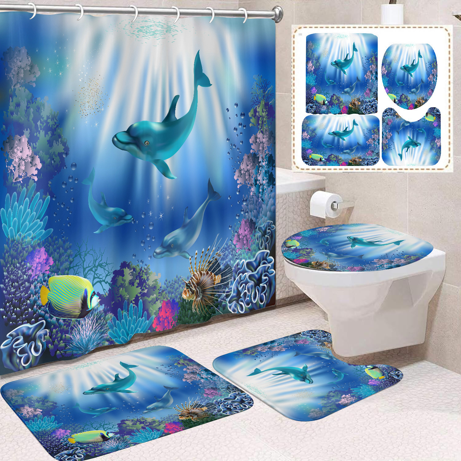 Cortina de ducha transfronteriza con diseño de delfines azules, estampada digitalmente, de poliéster, sin perforaciones, para baño, decoración del hogar image 28