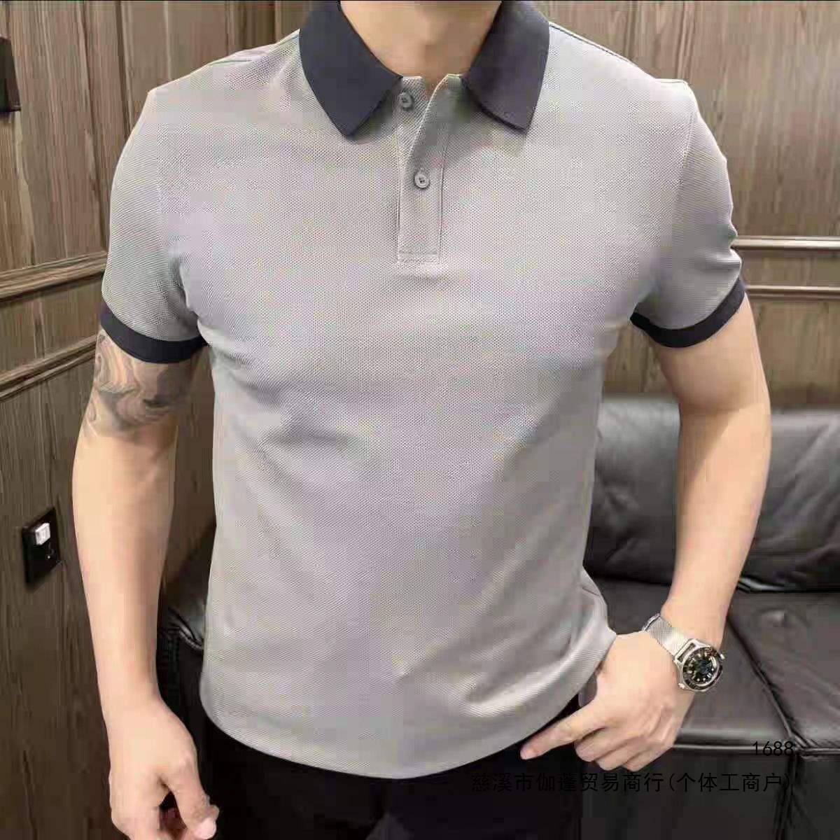 Men's business style polo shirt with turn-down collar, short sleeve, simple color-blocked pique T-shirt, casual summer top