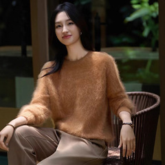 2025秋冬新款拉毛100%圆领套头长袖慵懒风女无缝毛衣韩系百搭上衣