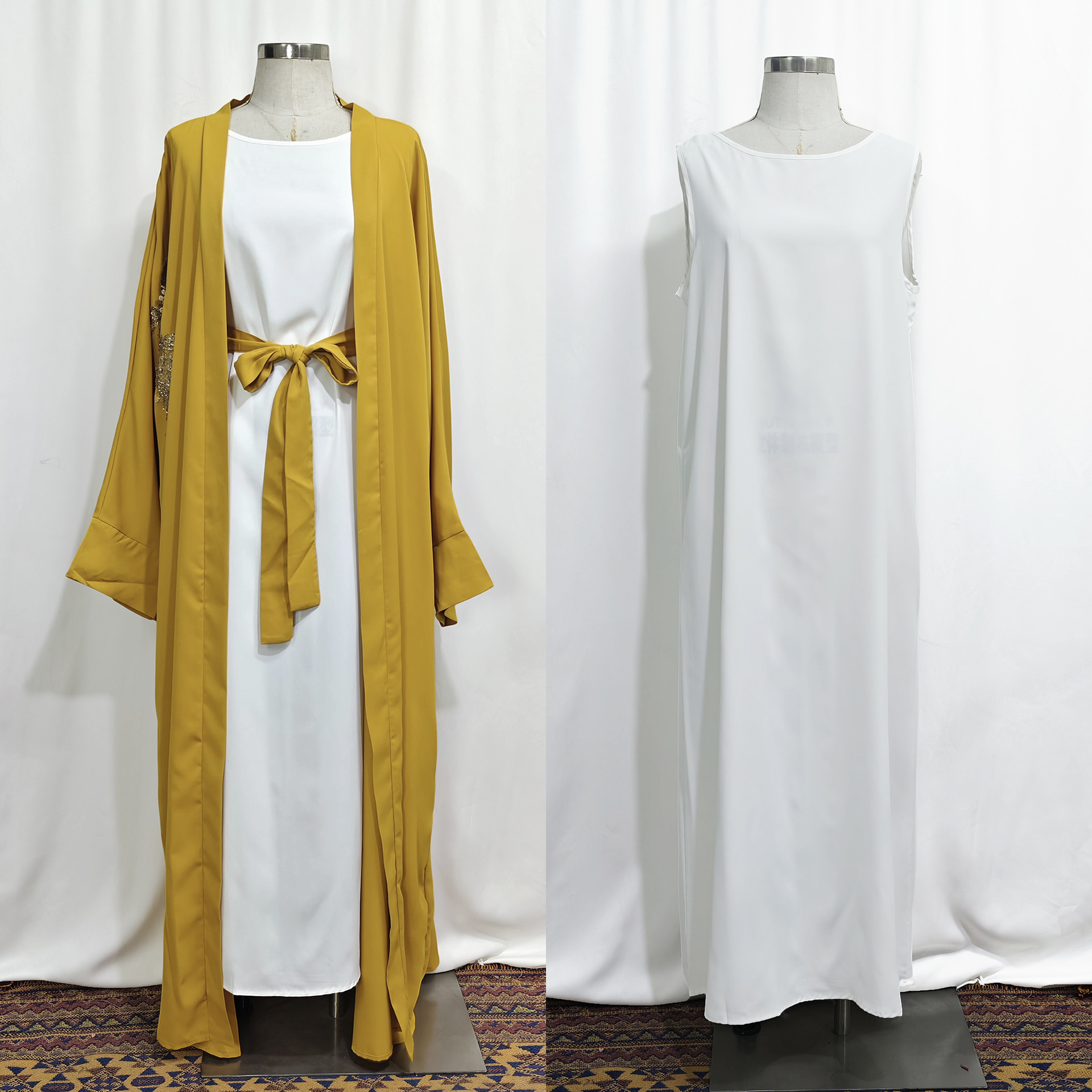 Elegantes, besticktes muslimisches Abaya-Kleid-Set – Dubai-Stil, schlichtes langes Gewand mit Applikations-Cardigan, islamisches Gebetsoutfit in Kurkuma-Farbe_voghion.com