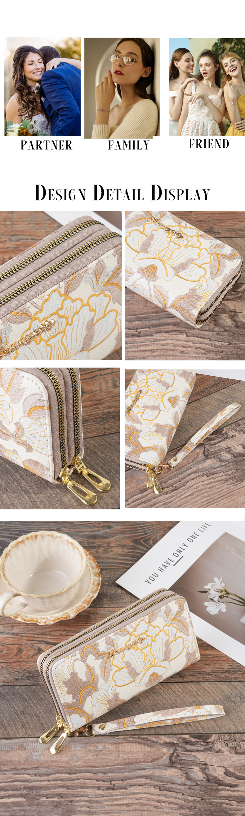 Pu Leather Material Women's Flower Pu Leather Zipper Long Wallets