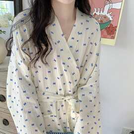 韩国东大门新款睡衣纯棉双层棉纱蝴蝶结印花家居服睡袍女士浴袍