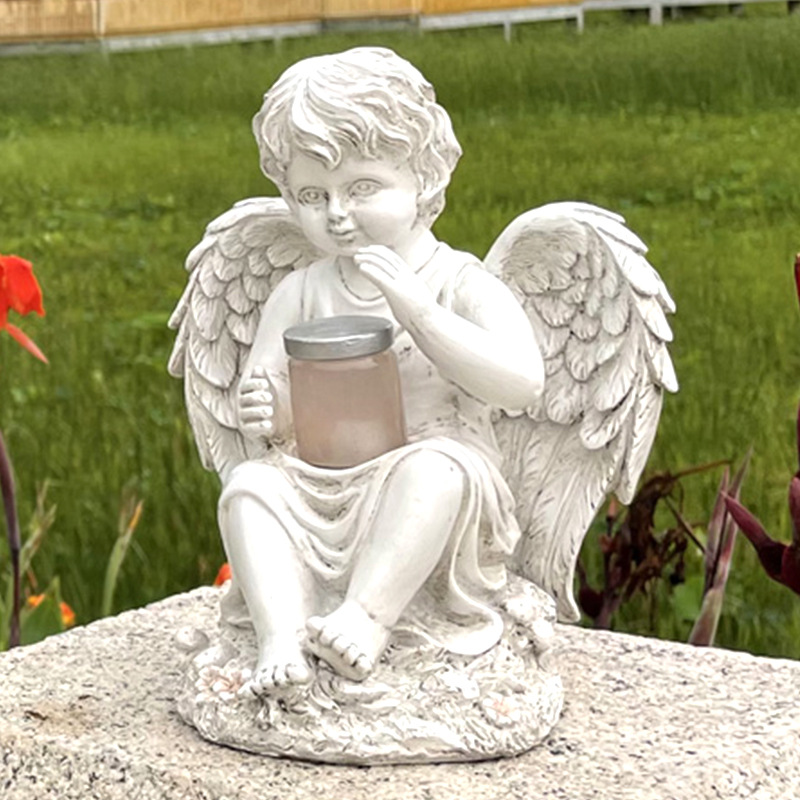 Garden Girl Angel Figurine Home Courtyard Solar-Powered Boy Resin Decorative Statue Creative Gift