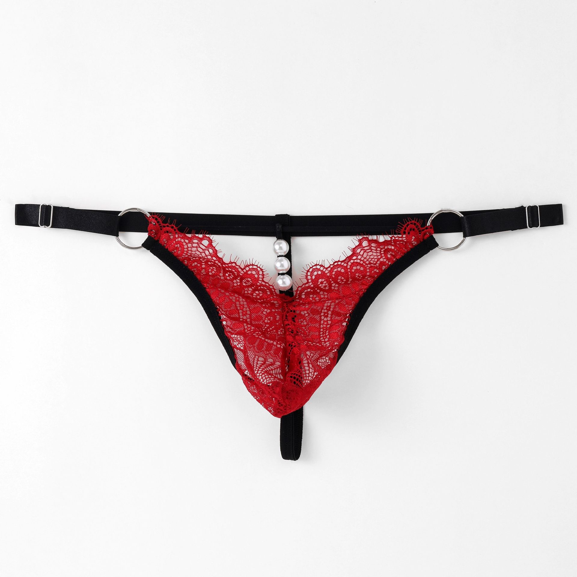 String pour homme en dentelle ajourée, taille basse, ajustable, perles, sous-vêtement sexy_voghion.com