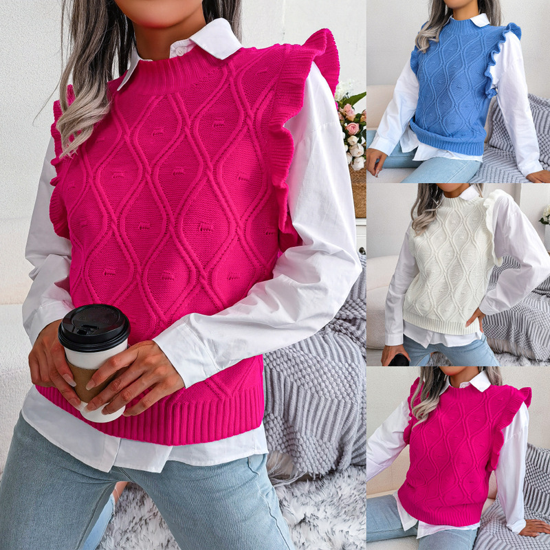 Real Shot of 2026 Autumn and Winter European and American Style Ruffled Diamond-Shaped Knitted Vest Sweater Amazon Independent Site Cross-Border Women's Clothing