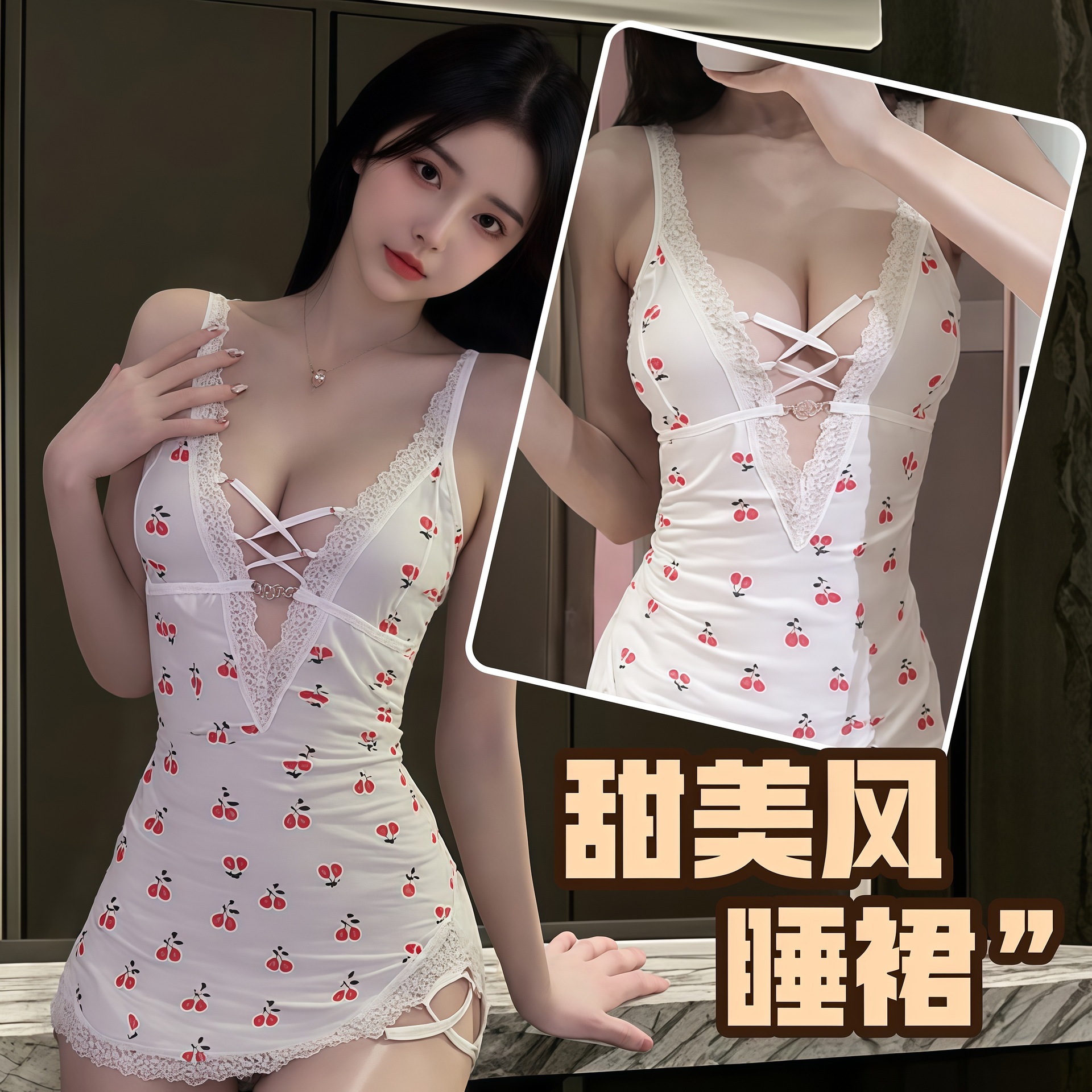 섹시한 속옷, 여아를 위한 섹시한 탈부착이 필요 없는 작은 가슴 잠옷, 귀엽고 순수한 욕망의 침대 유혹, 엉덩이를 감싸는 스트랩이 있는 체리 잠옷