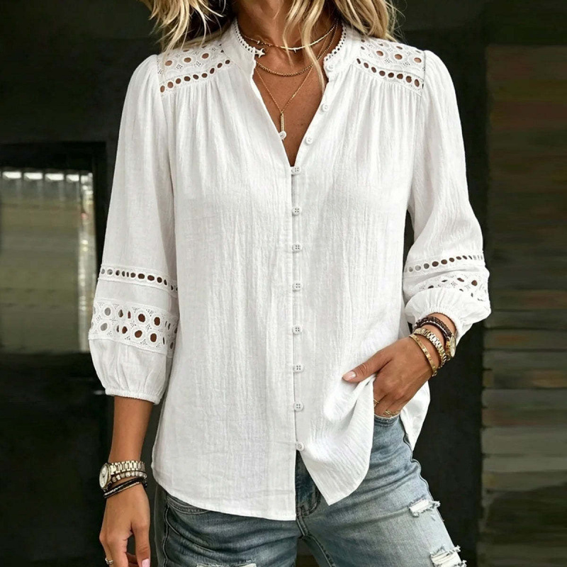 2026 Amazon Independent Site European and American Cross-Border Vacation Bohemian Lace Patchwork Cotton-Linen Style Three-Quarter Sleeve Shirt
