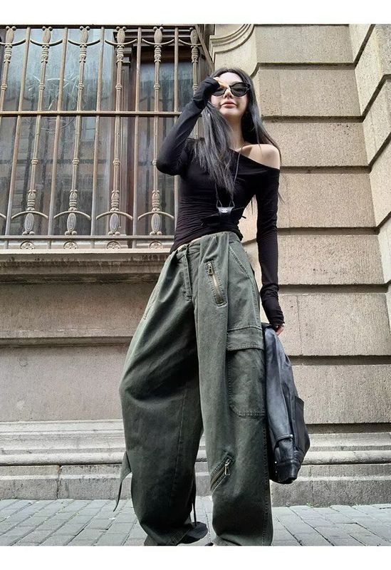美式复古多口袋水洗宽松工装裤男女潮牌街头做旧抽绳百搭阔腿裤子|undefined