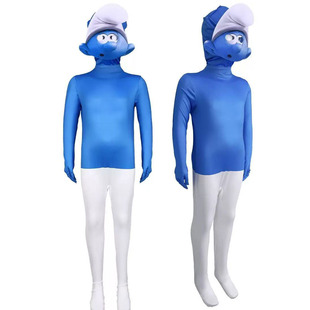 Cross-Border Halloween New Product Smurfs Cosplay Tight Jumpsuit Kidsren and Adults Performance Costumes Stage Performance