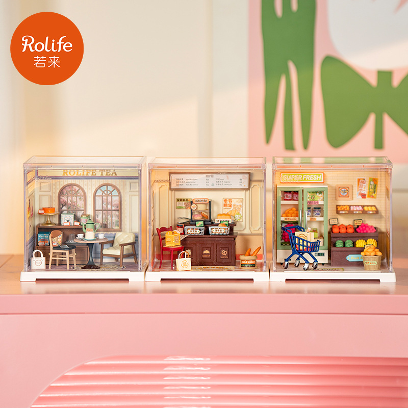 Rollife Ruo Lai Super World Store Mini Cabaña de bricolaje Rompecabezas tridimensional hecho a mano Modelo de casa Juguetes