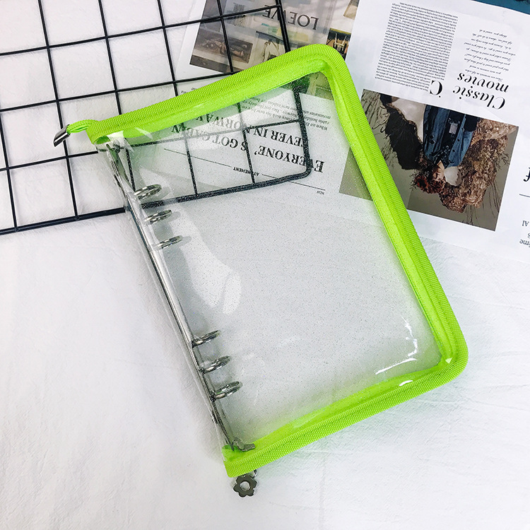 Nueva combinación de estilo coreano A5 transparente 6-agujero con cremallera portátil PVC transparente de hojas sueltas de viaje cuaderno de hojas sueltas