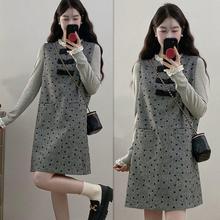 大码胖mm显瘦遮肚波点背心裙子打底衫两件套胖MM小香风气质连衣裙