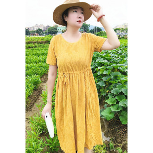 2025 New Summer Style Pure Cotton Jacquard Elegant Mom Style Long Skirt Casual Pure Color Slimming Look Cotton and Linen Dress