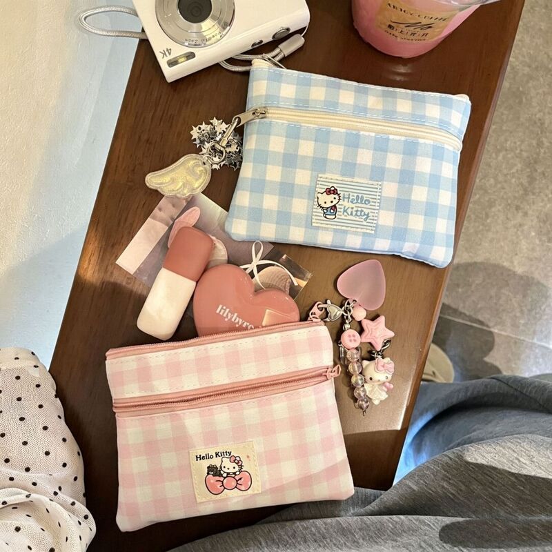Little Red Book Pink Plaid Kt Cat Coin Purse, Cute Striped High-Value Card Holder, Portable Clutch Bag Storage