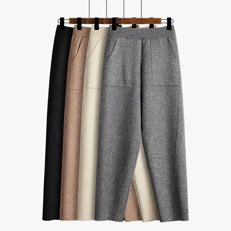 Сетка красные толстые бабушкиные брюки женские 2024 осень-зима трикотажные редька брюки свободные укороченные брюки Harlen с высокой талией тонкие женские брюки