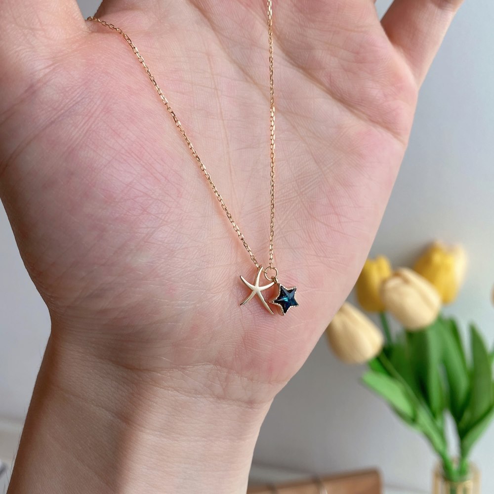 Fashion Star Starfish Sterling Silver Inlaid Zircon Necklace