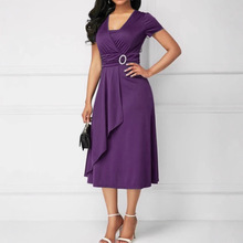 2024亚马逊wish独立站欧美跨境时尚气质不对称大裙摆V领连衣裙