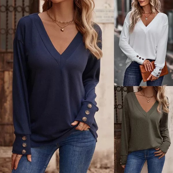 2026 Spring and Autumn Solid Color V-Neck Loose Long Sleeve T-Shirt for Women with Button Decoration on the Cuffs, Exclusively for Amazon Cross-Border Trade