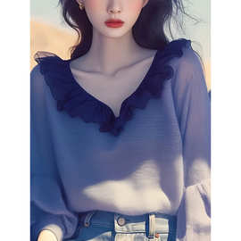 2024早秋新款毛衣小众设计感高级感慵懒风紫色荷叶边V领针织毛衣