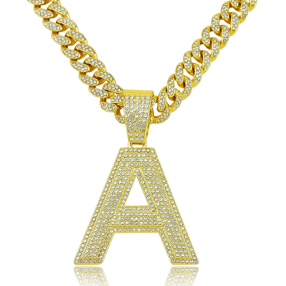 Men's Gender Full Diamond Capital English Letter A Pendant Cuban Link Chain Necklace Men's Cool Hip Hop Style Disco Hip Hop Clavicle Chain