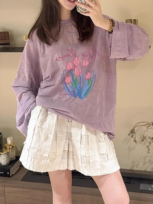 紫色印花圆领长袖休闲T恤女秋季韩系慵懒风外搭绝美减龄薄款上衣|undefined