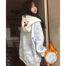 仿华棉复真超秋冬学院风拉链连帽卫衣加绒女长袖宽松外套
