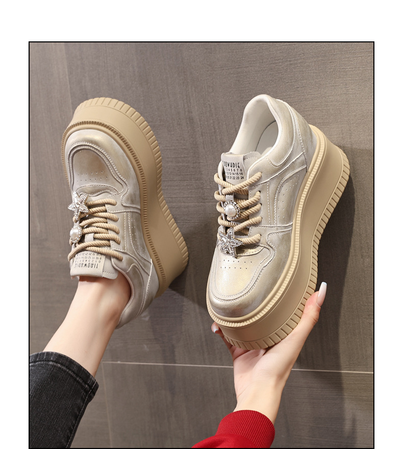 Giày sneaker nữ chunky đế dày phong cách retro đánh bóng màu be — Màu be chi tiết 13