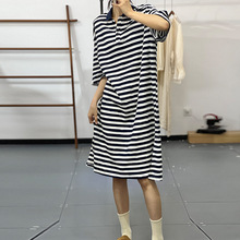 素凡卡新款夏季青春少女妙龄长裙百搭条纹简约开叉连衣裙30917
