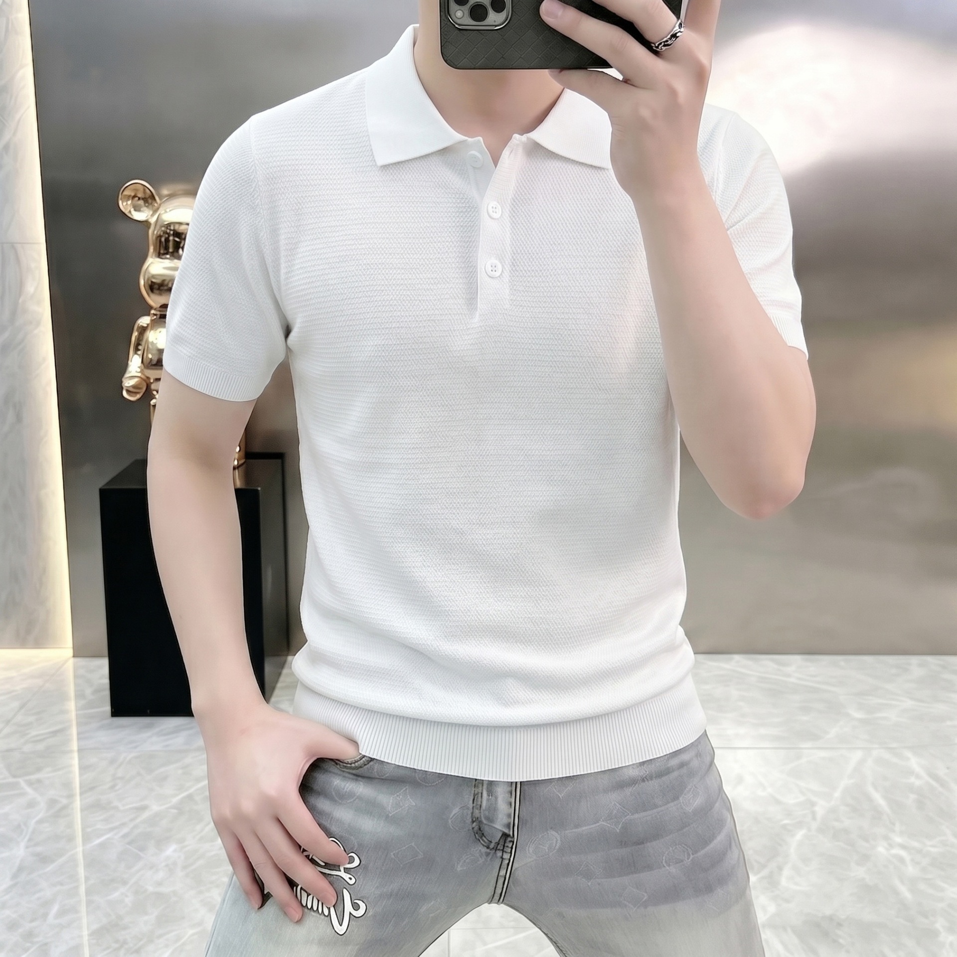 Polo camiseta de punto camiseta de manga corta camiseta de hombre con solapa viejo estilo de negocios texturas de hielo verano fábrica transfronteriza al por mayor