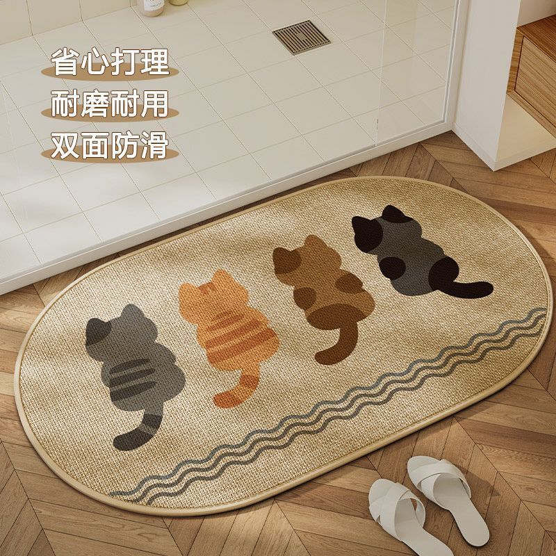 卡通小猫浴室地垫亚麻硅藻泥吸水速干脚垫耐脏易打理地垫防滑垫子|undefined
