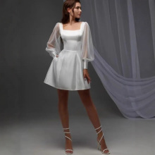 跨境批发长袖新款订婚轻婚纱短款小个子缎面晚礼服日常可穿连衣裙