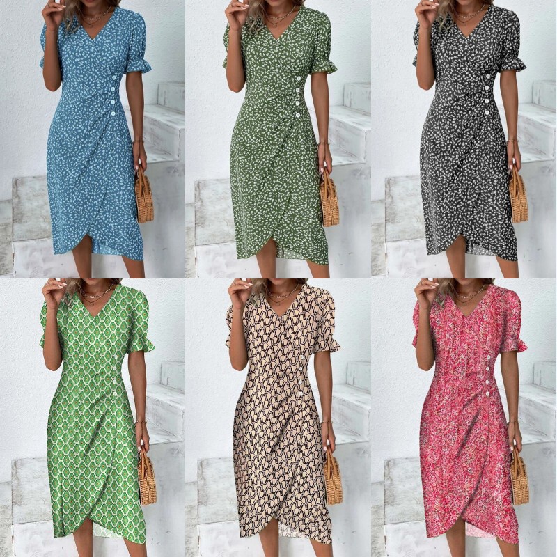 A large number of in stock 2025 summer new independent station hot geometric collage bubble sleeve irregular hem dress