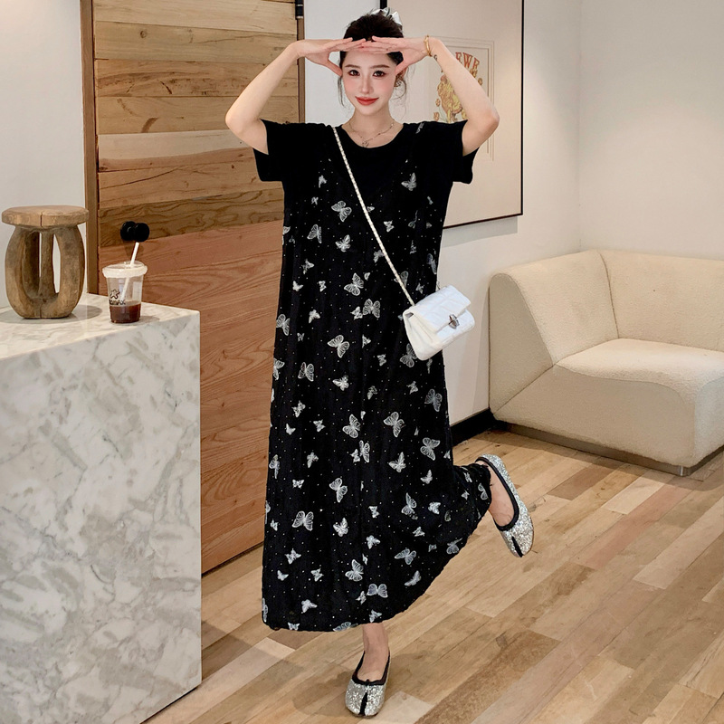 51211 # 2024 New Summer Style/Fake Two-Piece Spliced ​​Long Little Black Dress with Diamonds Plus Size Slimming Look Dress