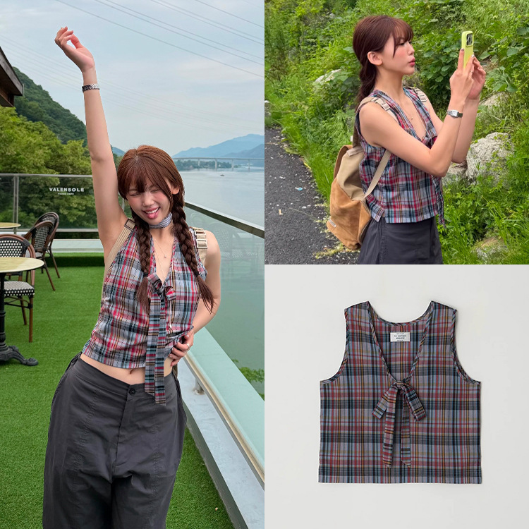 Fan Sun·Xh Korean Retro Style Lace-Up Color-Block Plaid Vest Dongdaemun Summer New V-Neck Sleeveless Top for Women