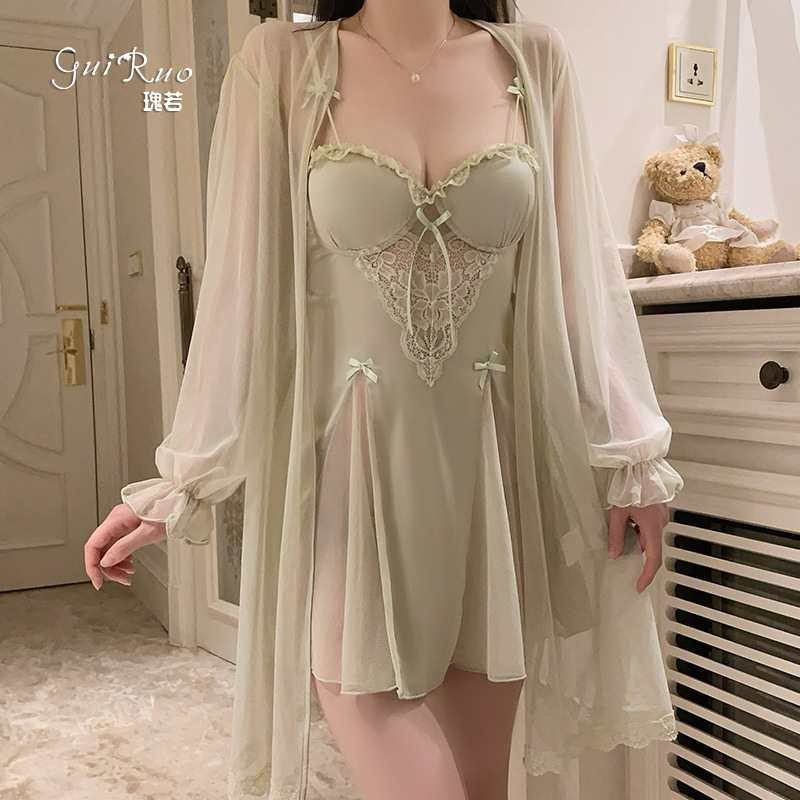 DZ Guiruo Pure Desire Deep V 가슴 패드 속옷 열정적이고 뜨거운 백리스 섹시한 잠옷 가운 홈 슈트 4955