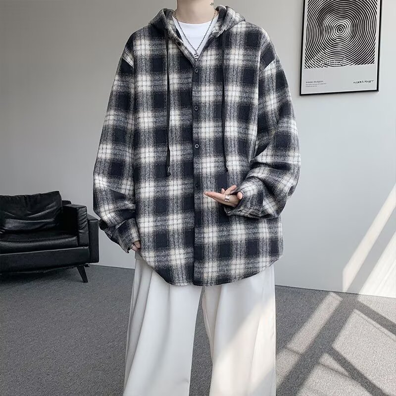 毛呢连帽格子衬衫男女秋季港风休闲宽松长袖2025新款美式复古外套