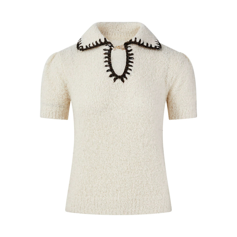 Nanyou French-Style Chanel-Inspired Hollow-Out Ski Sweater, Short Women's Top with a High-End Socialite Feel, Turn-Down Collar, Knitted Short Sleeves Nanyou French-Style Chanel-Inspired Hollow-Out Ski Sweater, Short Women's Top with a High-End Socialite Feel, Turn-Down Collar, Knitted Short Sleeves