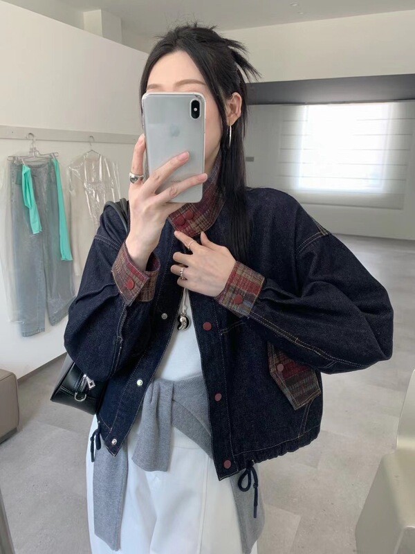 撞色格子牛仔外套女春秋新款小个子休闲宽松显瘦百搭短款夹克上衣|undefined