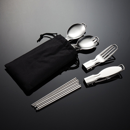 Aion 304 stainless steel portable folding knife, fork, spoon, chopsticks tableware, outdoor supplies, wire handle gift cross-border set