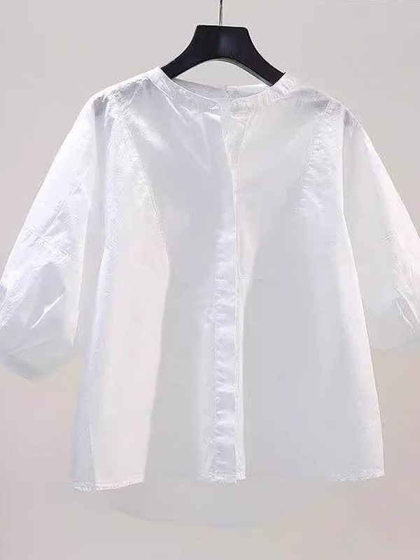 ブルーシャツ半袖Tシャツレディース2025新作半袖夏小パフスリーブお腹カバー七分袖トップス|undefined